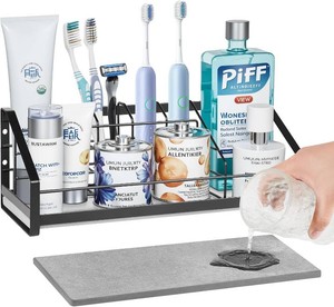 $24 Toothbrush Holder with Instant Drying Diatomite Base   Bathroom Countertop Organizer for Electric Toothbrush, Toothpaste, Sink Accessories   Waterproof Steel Toothbrush Stand for Bathroom Vanity