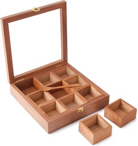 $28 Ajuny Wooden Spice Box 9x9 Inch Masala Dabba with Glass Lid, 9 Compartments