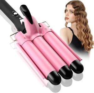 $20 3 Barrel Curling Iron Hair Crimper Birthday Gifts for Women - Dual Voltage Adjustable Temperature Three Barrels Hair Waver - 1 Inch Ceramic Curler Wand (Pink)