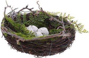 Happyyami Artificial Vine Bird Nest with 5 Simulation Eggs Birds Egg Nest Tabletop Decoration for Garden, Patio