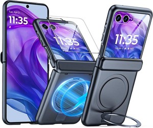 $23 CENMASO for Motorola Razr Plus 2025 CaseRazr  Plus 2024 Case with Hinge Protection & Built-in Screen Protector & Magnetic Ring Stand, Slim Rugged Shockproof Phone Case for Razr  20252024-Black