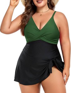 $30 Women Plus Size Swim Dress Tummy Control One Piece Swimsuit Cute Tie Knot Size 2XL