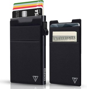 $20 TOYFID Slim RFID Blocking Wallets,Pop Up Minimalist Card Holder for Men & Women Metal Thin Front Pocket Wallet Credit Card Holder with Elastic Coin Pocket,6-12 Card Capacity,Black
