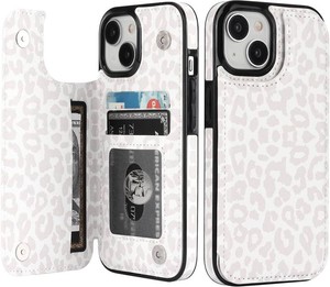 HAOPINSH Wallet Case with Card Holder for iPhone 15,White Leopard