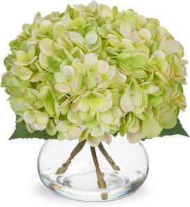 $29 Hollyone Green Hydrangea Artificial Flowers with Glass Vase Silk Faux Flowers Arrangements in Vase with Faux Water Fake Floral Bulk Bouquet for Home Decor Table Centerpiece Decorations
