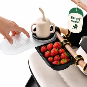$25 Universal Stroller Snack Tray with Cup Holder 2 in 1 - Fit Most Strollers - Stroller Tray Attachment for Baby & Toddler - Baby Stroller Accessories - Dishwasher Safe with Dust Cover & Silicone Arms