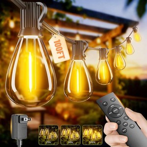 $20 100FT Outdoor String Lights with Remote & Dimmable, 351 Shatterproof Waterproof Bulbs, Dimmable Outside Hanging Patio Lights for Backyard, Porch, Deck, Garden 2700K Warm White
