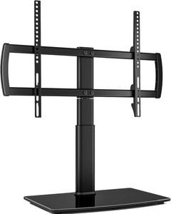 $37 Universal Swivel TV StandBase Table Top TV Stand 32 to 65 inch TVs 80 Degree Swivel, 4 Level Height Adjustable, Heavy Duty Tempered Glass Base, Holds up to 88lbs Screens, HT04B-002