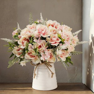 $27 LESING Artificial Flowers with Vase for Table Centerpieces,Fake Silk Gardenia Flower in Vase Decoration for Home Office Party (Pink)