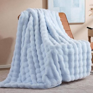 $50 Smoofy Faux Rabbit Fur Throw for Couch - Light Blue Bubble Blanket 50x60