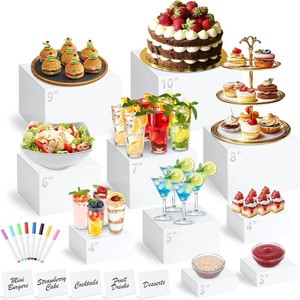 $47 10 Pcs White Acrylic Buffet Risers with Mini Sign and Marker, Food Display Stands for Buffet Table Party Catering Dessert Jewelry Collectibles, Acrylic Cube Nesting Boxes with Hollow Bottoms 8 Sizes (10 9 8 7 6 5 4 4 3 3)