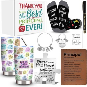 $24 9 Pcs Principal Gifts for Women, School Principal Appreciation Gifts with 20 Oz Tumbler Thank You Plaque Socks Principal Journal Pen Bracelet Keychain for Principal Day, Principal Birthday, Retirement