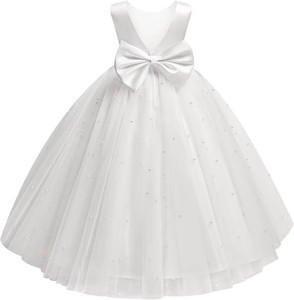 $53 Flower Girl Dress for Wedding Pearls Tulle Dresses Kids Princess First Communion Pageant Party Satin Bowknot Gowns