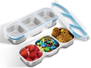 Bakpoco Stainless Steel Snack Containers, 2 Pack 3 Compartment Metal Snack Lunch Box Containers with Lid, Reusable Food Storage Container, Leak Proof