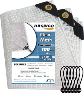 $21 10 x 10Ft Heavy Duty Waterproof Tarps Reinforced Mesh Clear Tarp Cover Sheet & 6 PCS Bungee Balls