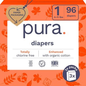 $35 Pura Hypoallergenic Diapers, Size 1 (4-11lbs), Newborn, Totally Chlorine Free, Wetness Indicator, Suitable for Sensitive Skin, Soft Organic Cotton Comfort, Overnight, 3 Packs of 32 (96 Baby Diapers)