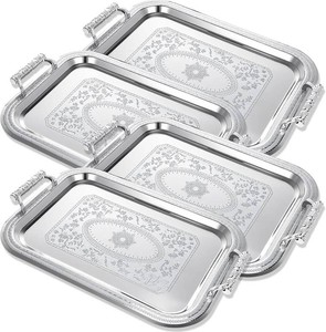 $59 4 Pack Silver Serving Trays with Handle, Stainless Steel