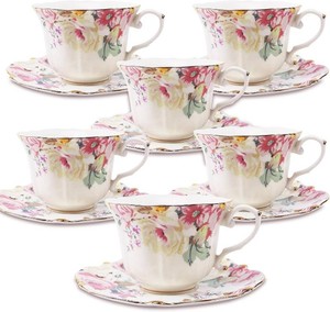 $60 TATSUMI Country Roses 18 Peices Bone China Tea Cup And Saucer Set, English Vintage Tea Cups Of 6 For Women And Tea Party Sets(Pink,6 sets)