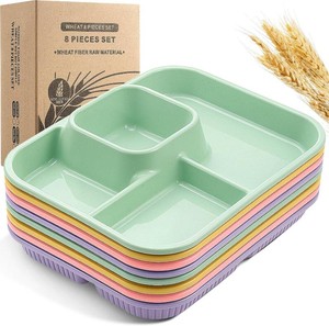 $22 Pinkunn 8 Pcs 10 Divided Plates Wheat Straw, Green, Purple, Pink, Yellow