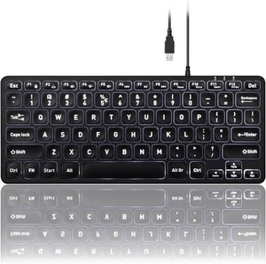 $30 Perixx PERIBOARD-332 Wired Backlit USB Keyboard - Mini 11.22x4.57x0.83 Inches - Slim Scissor Keys with Big Font - White Illuminated LED - US English