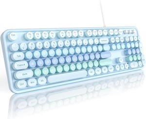 $28 MOFII Keyboard Wired Large Print, Computer Keyboard Plug Play, Colorful Retro Round Typewriter Keyboard with Numeric Keypad and Media Hotkey for Windows PC Laptop (Pale Blue)