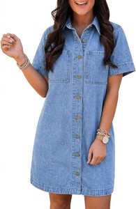 $48 EMMIOL Button Down Denim Dress for Women - Short Sleeve Babydoll Mini Jean Shirt Dresses Summer Casual Trendy Outfits. (Size 2xl)