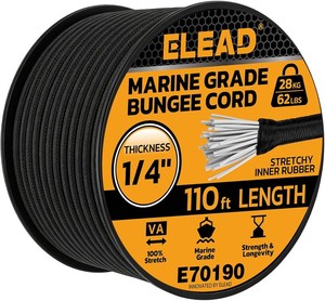 $20 Heavy Duty Bungee Cord Roll, 14 x 110ft Marine Grade Outdoor Bungee Cords, Black Super Elastic Shock Cords, Long Cord for Cargo, Camping, Bike Racks, Tents