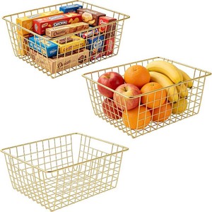 $29 3 Pack Large Wire Baskets, Sturdy Gold Wire Basket, Metal Gold Basket for Organizing Kitchen, for Food Pantry Home Office Desk Shelf Bathroom Bedroom (14.2 x 11.1 x 6.3 inch)