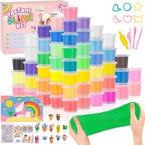 $20 56 Pack Butter Slime Kit for Girls and Boys Ages 3-12, Non Sticky Kids Slime Kits 3-12, Small Slime Party Favors with Charms, Cutters, and 4 Creative Playing Modes