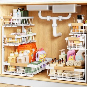 $60 PXRACK Under Sink Organizer, 2-Pack 3-Tier Height Adjustable Thickened Metal Pull out Cabinet Organizer Shelf, Slide out Storage Drawer Rack for Bathroom Kitchen Pantry Home Organization, White