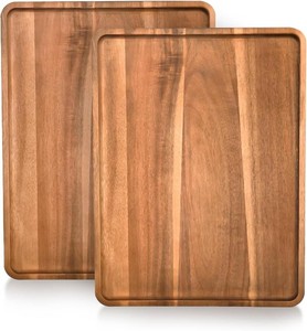 $34 2 Pcs Acacia Wood Serving Tray, Rectangular Wooden Serving Platters Charcuterie Board, Large Wood Kitchen Display Tray for Food, Cookie, Dessert, Fruit, Snack, Vegetable, 16.6 x 12.6 x 0.6