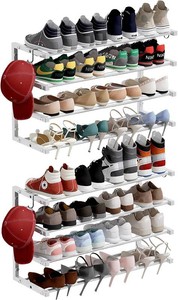 $60 2 Pack Wall Mounted Shoe Rack, 4 Tier Hanging Shoe Rack Holds 32 Pairs, 17-30 Adjustable Heavy Duty Wall Shoe Shelf with 4 Storage Hooks, Space Saving for Closet Entryway, White