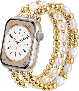AIRSPO Gold Beaded Bracelets Compatible with Apple Watch Bands for Women 38mm 40mm 41mm 42mm, Fashion Handmade Dressy iPhone Watch Bands Stainless Steel Beads Elastic Strap for iWatch Series 11 10 9 SE 8 7 6 5 4 3 2 1 Gold