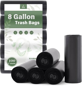 Jaoul Trash Bags 8 Gallon, Strong Tear & Leak Resistant Medium Garbage Bags, 0.97 Mil Extra Strong Trash Bags for 30 Liter Trash Can, Suitable for Kitchen, Bathroom, Restroom, Car, Black, 100 Counts