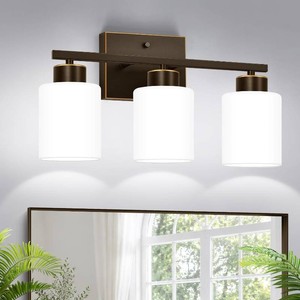 $45 3-Light Bathroom Light Fixtures, Brown and Gold Vanity Light with Milky White Frosted Glass Shades, Modern Vanity Lighting Fixtures for Bathroom, Mirror, Bedroom, Hallway, Living Room