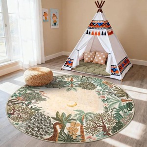 $40 GarveeHome Round Area Rugs 4ft for Kids Room, Beige Jungle Washable Circle Rug Soft Non Slip Forest Animal Print Floor Mat Tiger Carpet Indoor Thin Tent Rug for Bedroom Dining Room Playroom Nursery