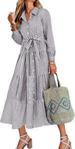 $50 Caracilia Women Long Sleeve Striped Flowy Maxi Dress Size Small
