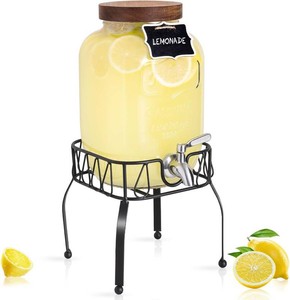 $30 Mustry 1 Gallon Glass Drink Dispenser for Parties with Stand & Acacia Lid