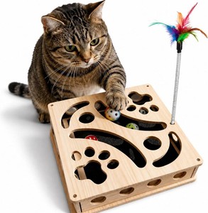 $40 Cat Scratch Puzzle Enrichment Box, Wooden Interactive Toy for Indoor Cat  Cat Nail File Scratcher Box,Feather Wands & 3 Bell Balls, Claw Saver Box with 2 Sandpaper Nail Trim for Cats Kitten (one ball is broken)