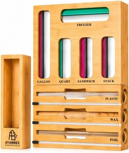 $42 9-in-1 Bamboo Kitchen Drawer Organizer - Storage Bag Holder with Built-In Foil & Wrap Cutter Dispenser - Wooden Food Storage Bag Organizer for Gallon, Quart, Sandwich and Snack Sizes
