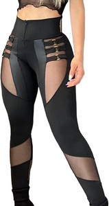 $30 xxxiticat Womens Black Leggings Buckle Sheer Mesh Patchwork Skinny Pants Size XL