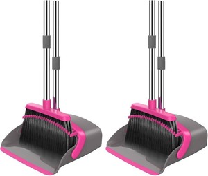 $25 NACENA Broom and Dustpan Set, 52-in Long Adjustable Handle Broom Dustpan Combo with Dust pan Teeth to Automatically Clean Hair Suitable for Home Kitchen Office Hall Floor (Grey&Rose), 2 Pack