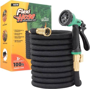 $80 Flexi Hose with 8 Function Nozzle, 100FT - Lightweight Expandable Garden Hose, No-Kink Flexibility, 34 Inch Solid Brass Fittings and Double Latex Core