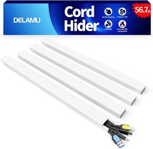 $26 Delamu 56.7in Cord Hider, Wire Covers for 3-4 Cords on Wall, Premium Cable Hider Cord Covers for Wires, Paintable Cable Management Wire Hiders for TV, Cable Cover Raceway Kit, W1.18x H0.6in, White