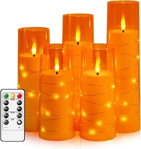 $28 kakoya Flameless LED Candles with Timer 5 Pc Flickering Flameless Candles for Romantic Ambiance and Home Decoration Stable Acrylic Shell,with Embedded Star String Battery Operated Candles Orange