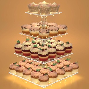 $20 Cupcake Stand with Lights, 4 Tier Cupcake Holder, Light Up Cupcake Stand for 24 Cupcakes, Dessert Table Display Set for Weddings, Christmas, Birthday Parties (Yellow Light)