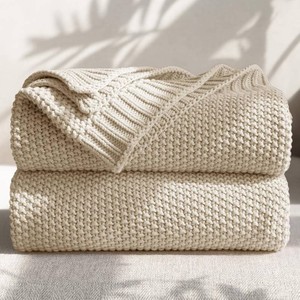 $38 100% Cotton Cable Knit Throw Blanket, Lightweight Soft Knit Blanket for Sofa Couch Bed, Breathable All-Season Throw, Cozy Decorative Blanket, 50 x 60 Inch,Linen
