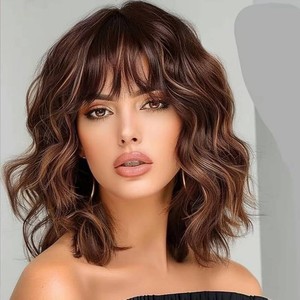 $25 Lativ Brown Highlight Wig with Bangs for Women Short Bob Curly Wavy Hair