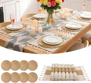 $32 Placemats Set of 8 - Rattan Round Place Mats & 11.8 x 17 Cotton Braided Placemat for Dining Table Setting, Rustic Farmhouse Boho Wedding Decor, Wicker Woven Charger Dinner Plates, 16Pcs