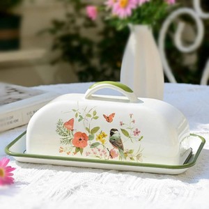 $26 Enamel Butter Dish with Lid Vintage Enamelware Butter Keeper with Flower and Bird Patterns Farmhouse Butter Container Butter holder for Countertop Kitchen Decor